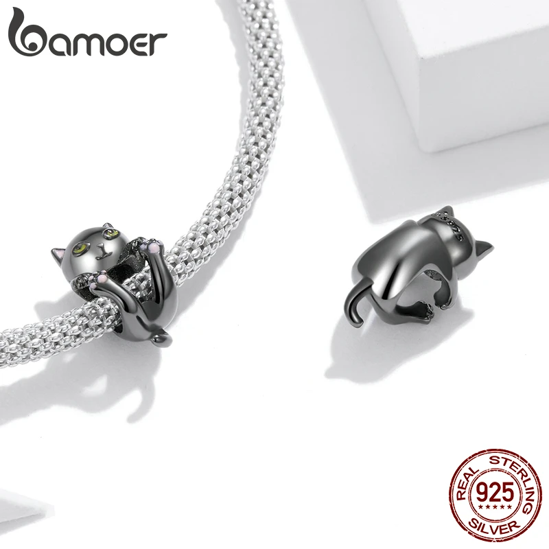 Bamoer-abalorio de plata de ley 100% 925 con forma de gato, accesorio para pulsera y brazalete femenino, cuentas originales, fabricación artesanal de joyería fina