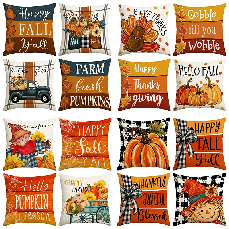 1/4pcs Thanksgiving themed pillow cover, autumn decoration home farmhouse Thanksgiving cushion cover, (without pillow core)