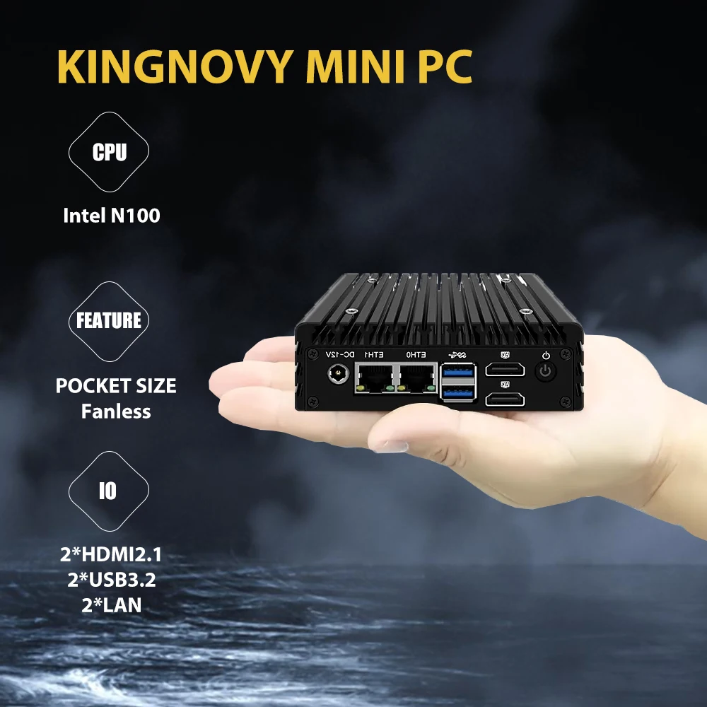 KINGNOVY Fanless Pc Stick Intel N355 DDR5 4800MHz Windows 10/11 Pro Ultra-Mini Pocket Pc Dual Gigabit LAN 2 x USB3.2 2*HDM1 2.1