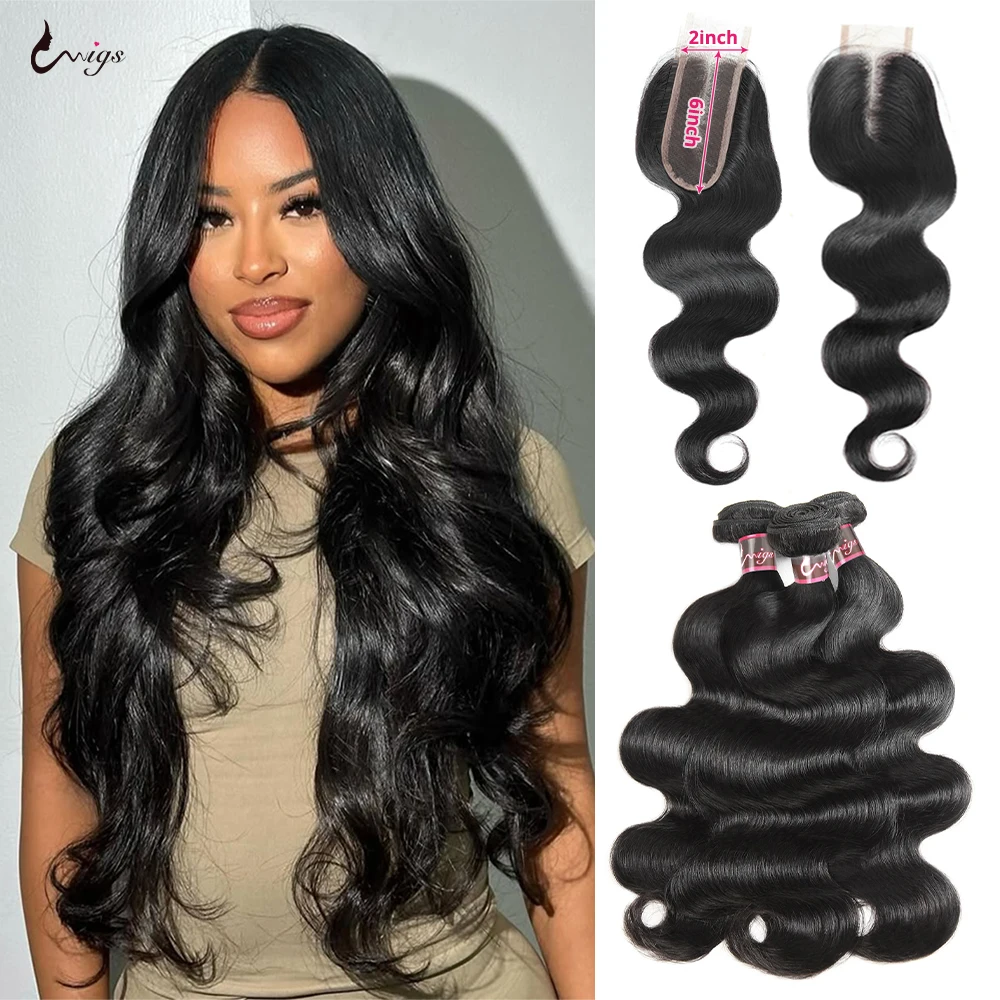 2x6 Closure With Bundles Body Wave 100% Human Hair Brazilian Raw Human Hair Weave Virgin Bundles With 2x6 Body Wave Closure