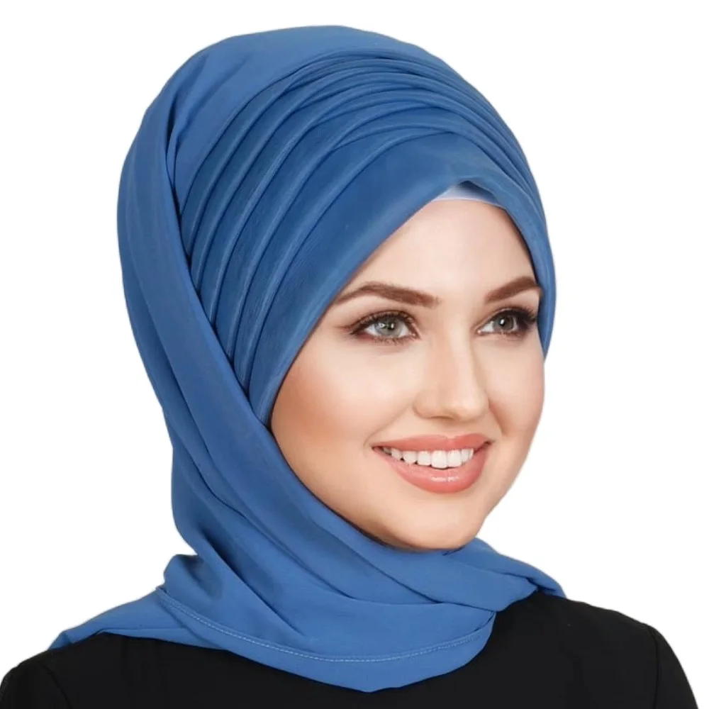 Women's Turban Shawl-Type Chiffon Ready Indigo Muslim Fashion חיג 'אוים идваб-حаб Das Hijabi 2022 Woman Muslim Blue Scarf