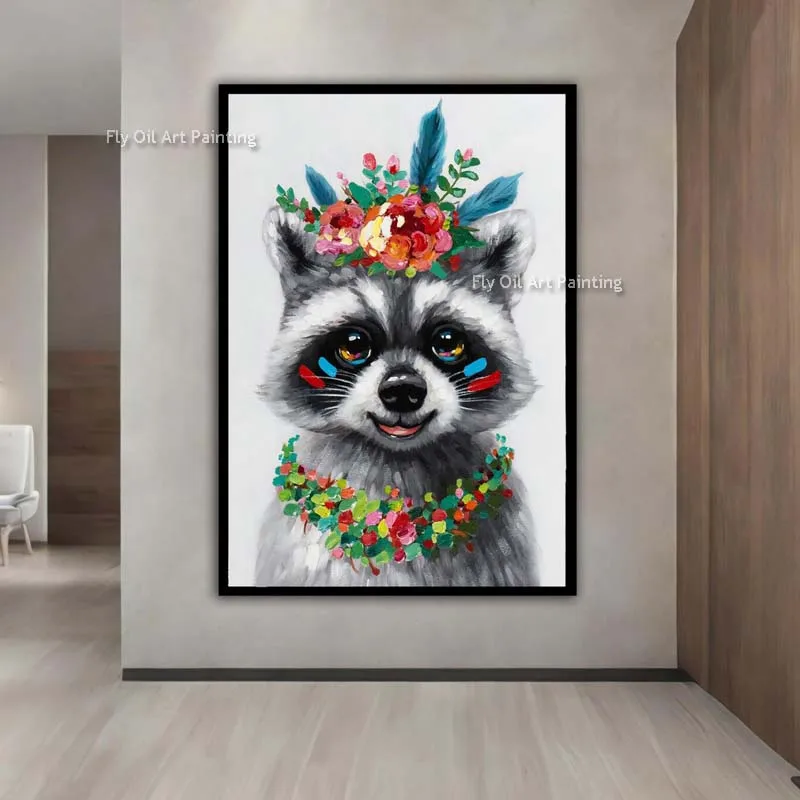 Animals With Garlands Oil Painting Hand Painted Abstract Rabbit Cat Raccoon Canvas Wall Art  Modern Home Decor As Best Gift