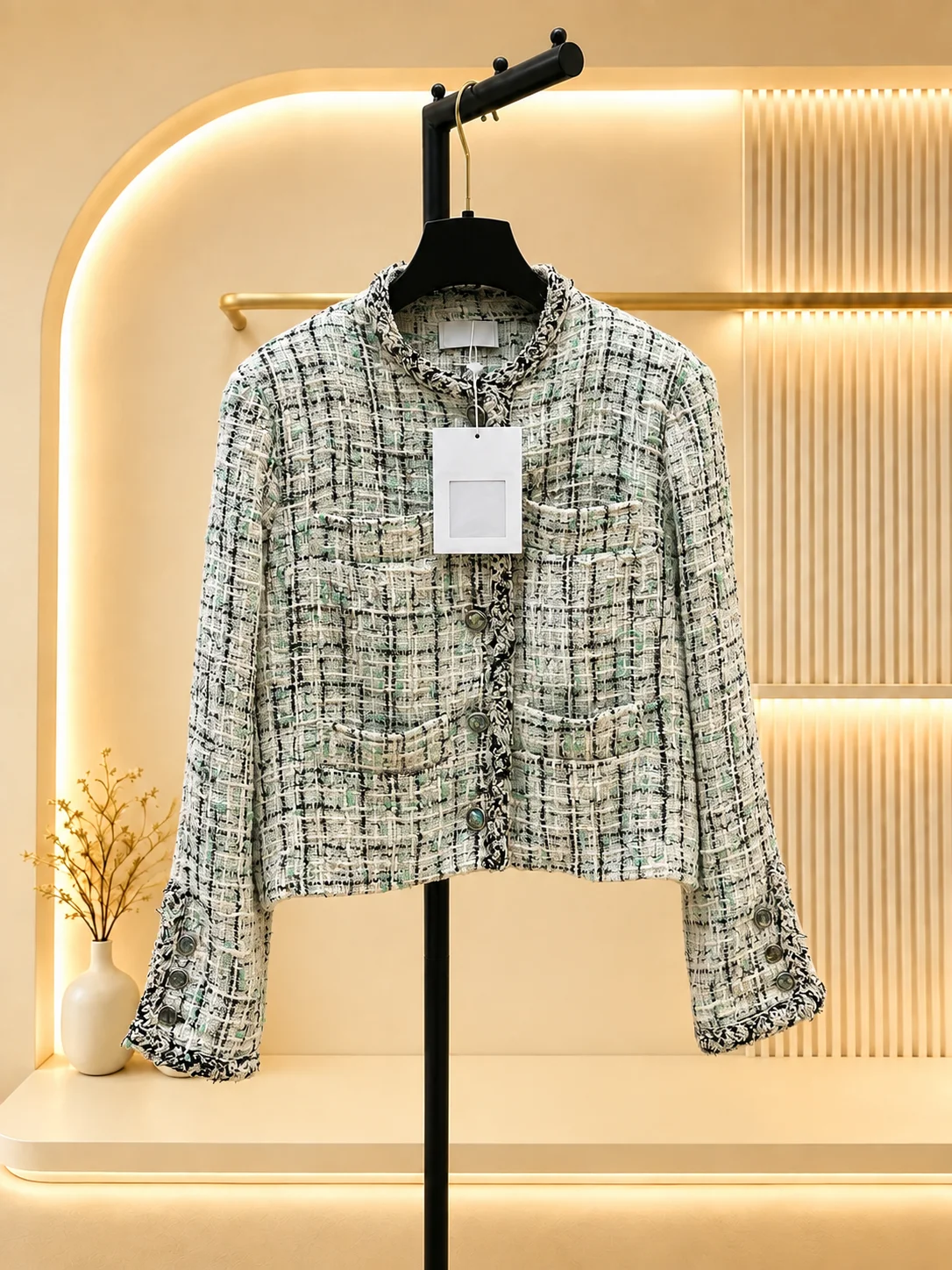 2026 Women Tweed Jacket Textured Woven Fabric Cropped Outerwear Long Sleeve Multi‑Patch Pockets Stand Collar Fringe Trim