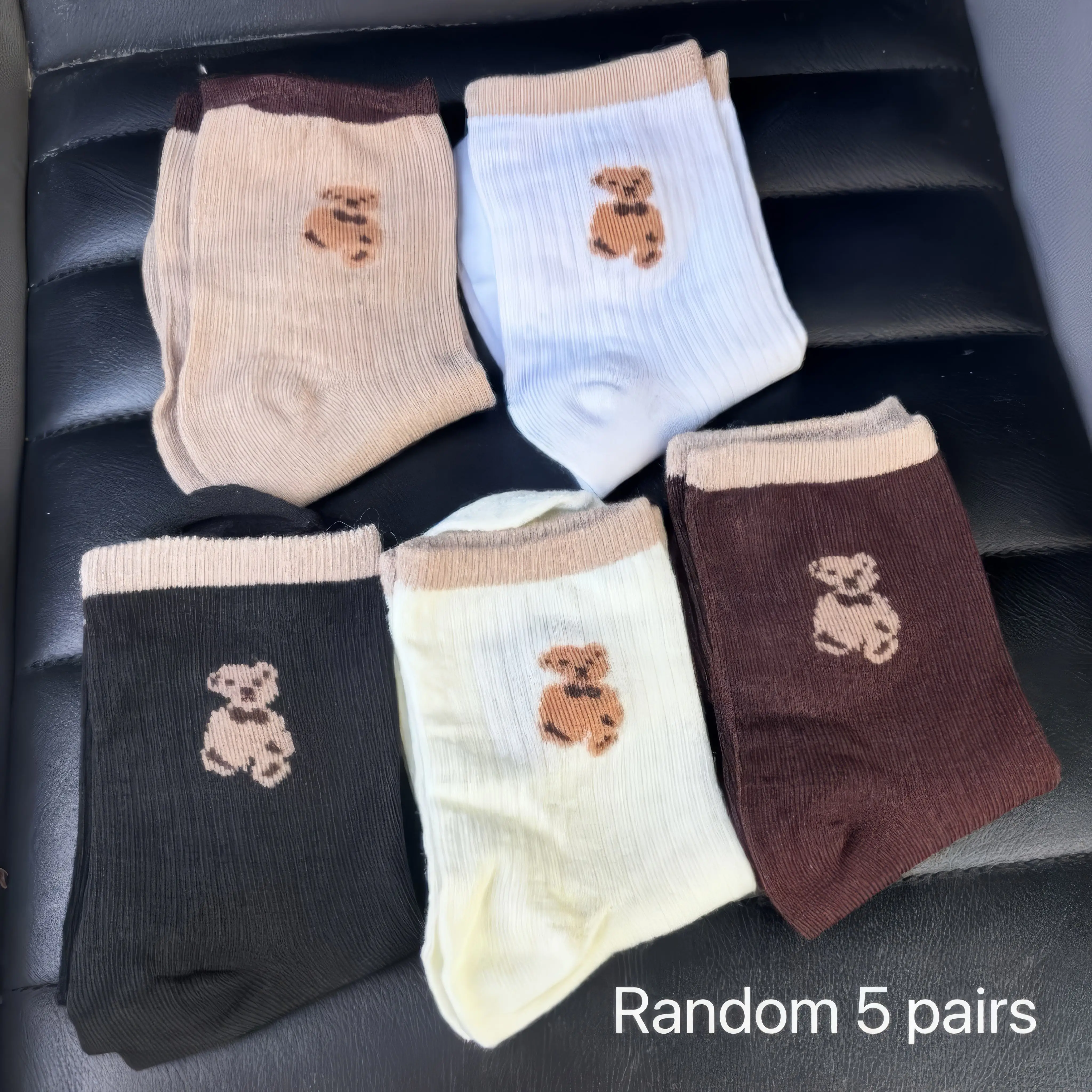 

5 Pairs Ribbed Teddy Bear Pattern Socks - Soft Stretchy Multi-Color Ankle Unisex Casual Outfits with Sneakers