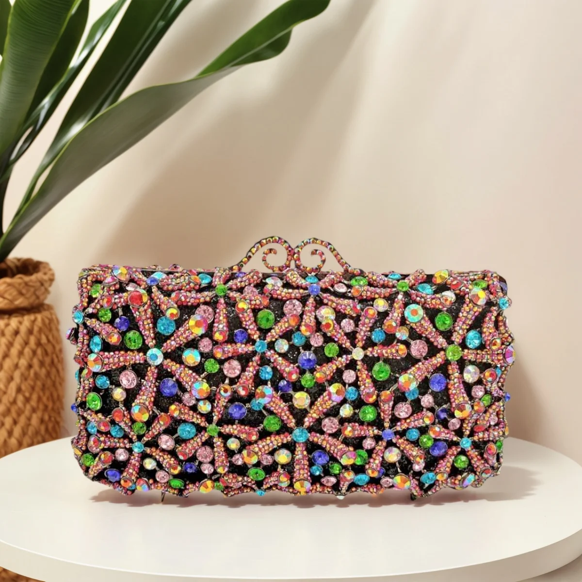

Dazzling Women Floral Rhinestone Evening Bag Unique Starfish Hollow Out Clutch Purse Chain Crossbody Handbag for Wedding Prom