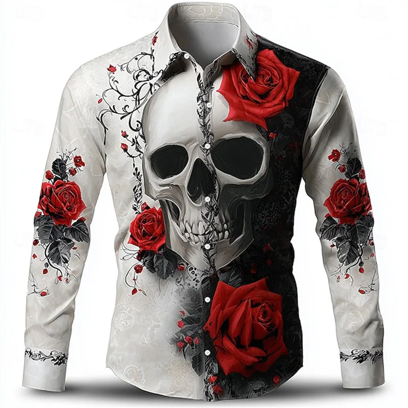 Men's Skull Romantic Halloween Button-Down Shirt Long Sleeve Streetwear Autumn Winter Lapel 3D Printed Lapel Shirt