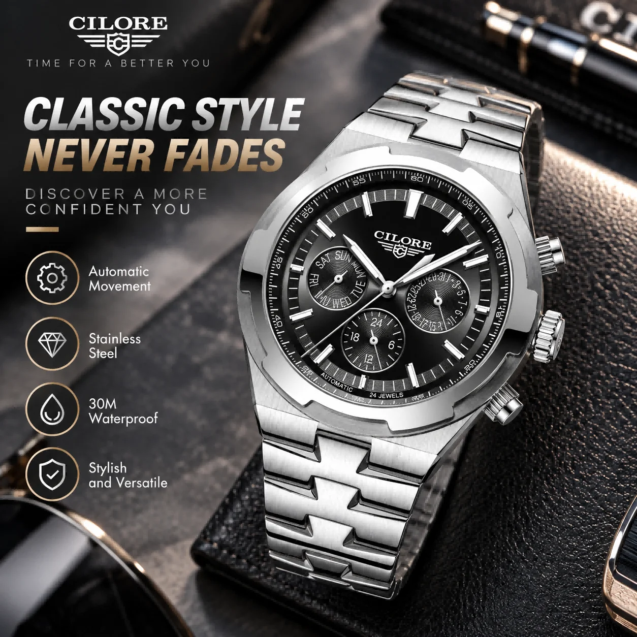 CILORE Luxury Automatic Mechanical Watch Men Blue Dial Sport Business Wristwatch Calendar 50M Waterproof Fashion Gift For Men