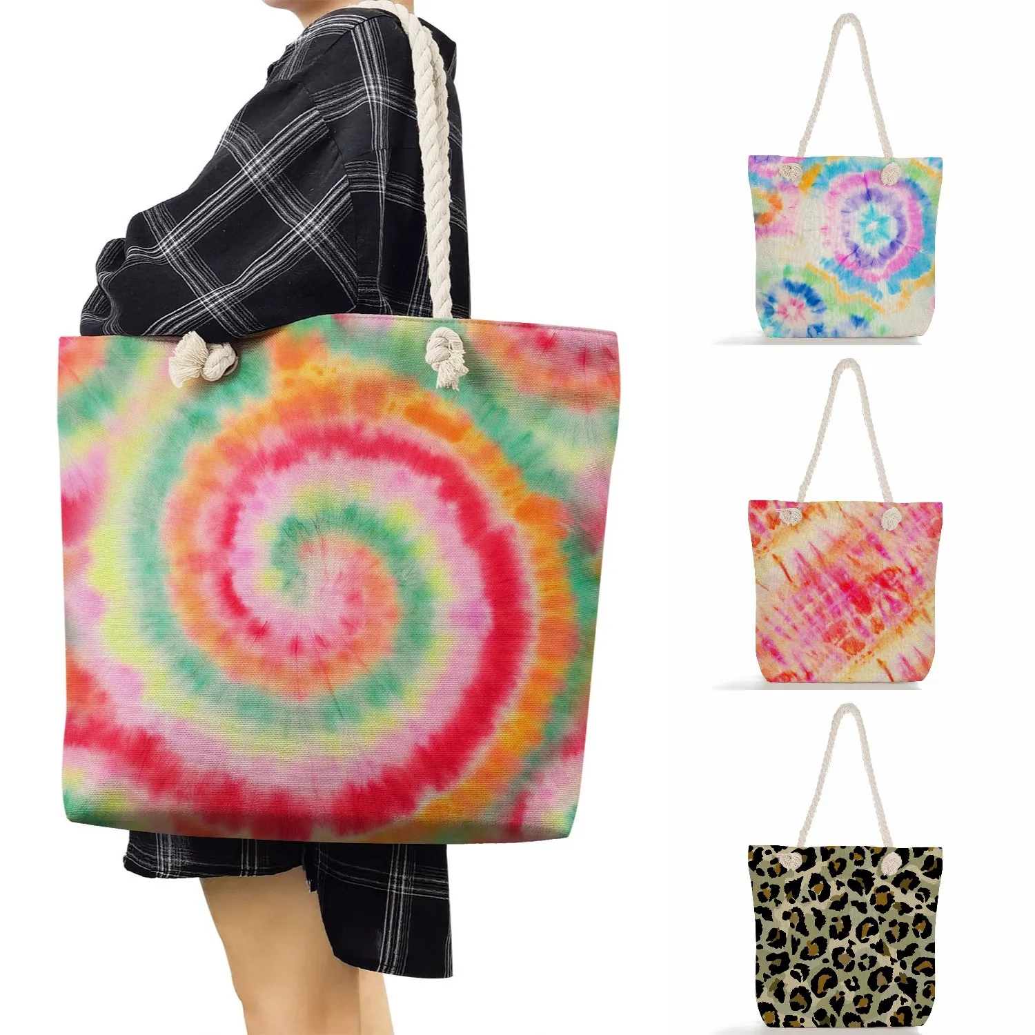 Fashion Eco Reusable Shoulder Shopping Bags For Groceries Beach Tote Bags Handbags For Women Thick Rope Leopard Tie Dye Print