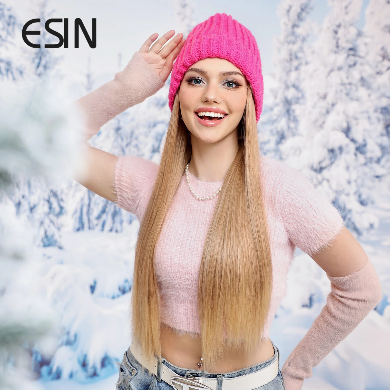 ESIN Hat Wigs Long Wavy Hair Black Wigs With Baseball Cap Synthetic Fiber Hair Wigs With Cap For Women Girls Winter Daily Use