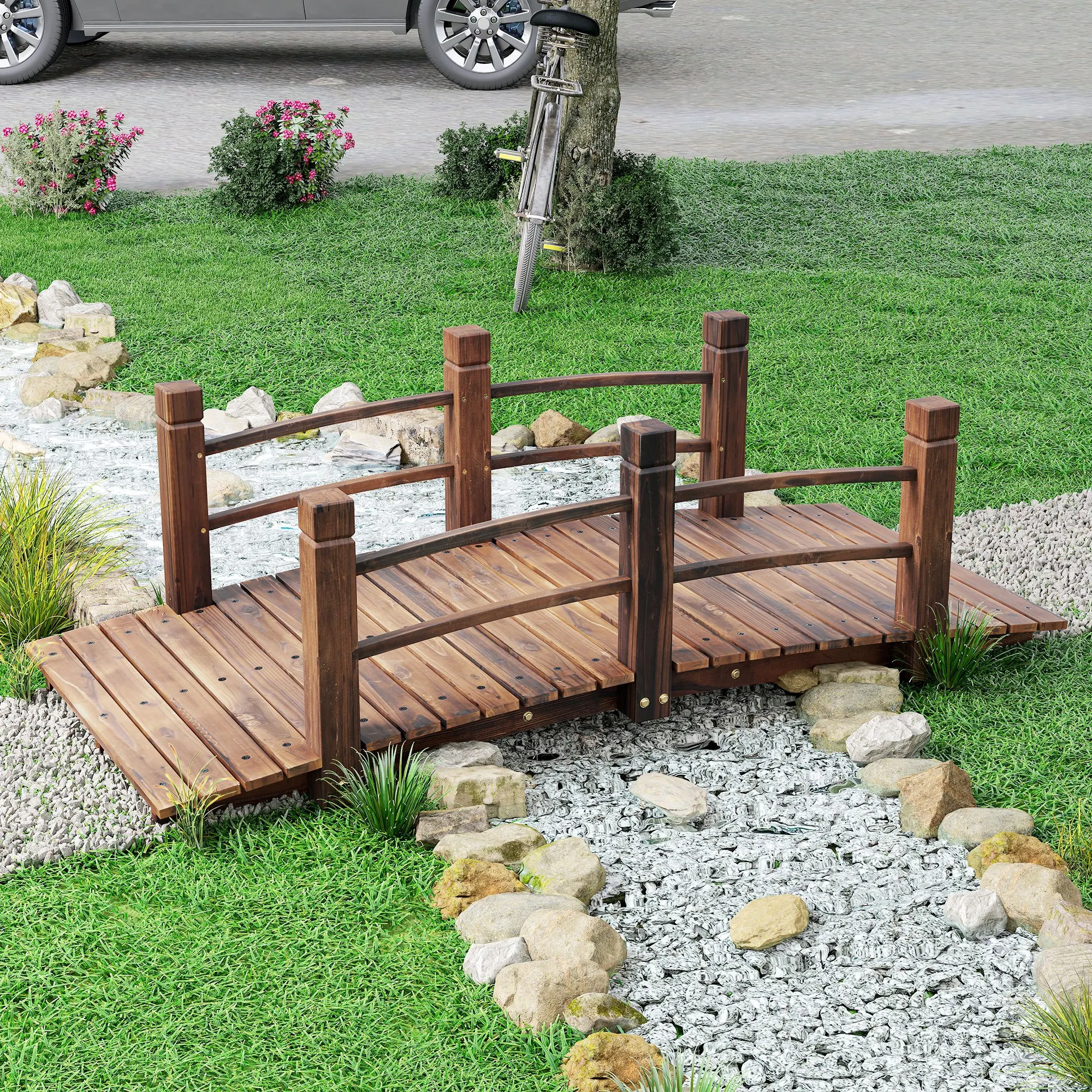 Pont de jardin en bois carbonisé avec rampes courbes, passerelle autoportante pour mini-étang, ornement de jardinage, petit chemin en bois étanche pour la décoration de bassin à poissons et de rocaille dans la cour.
