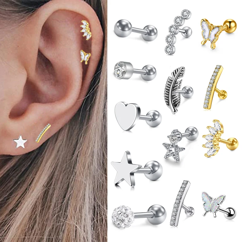 3Pcs 16G Heart Flower Tragus Helix Stainless Steel Labret Lip Bar Rings Stud Cartilage Piercing Ear Studs Cross Jewelry 1.2x6mm