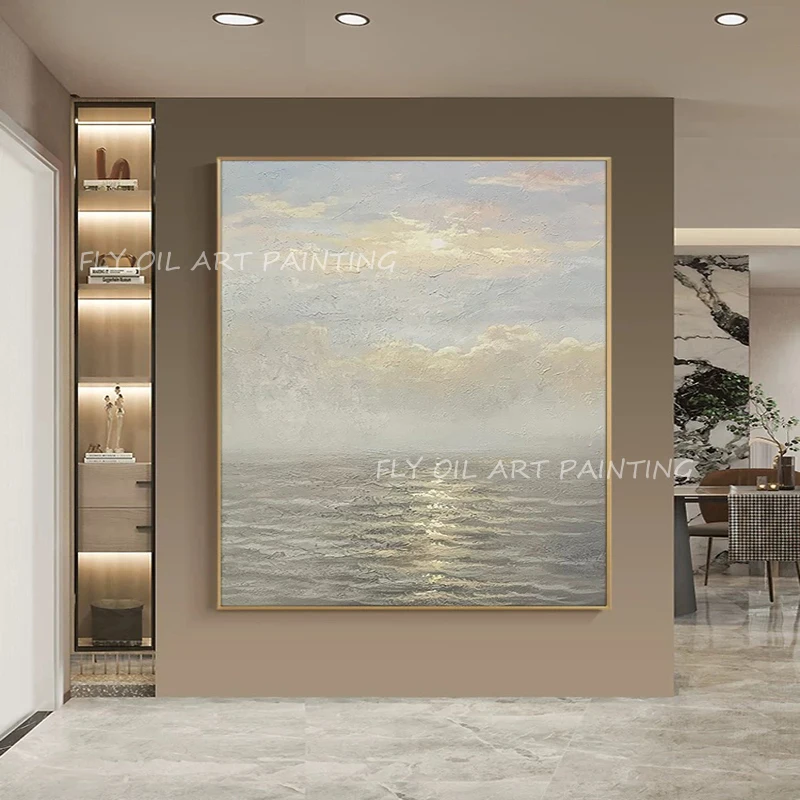 

100% Handmade square picture simple pure ocean sea view landscape with sunset oil painting for home decoration as a gift unframe