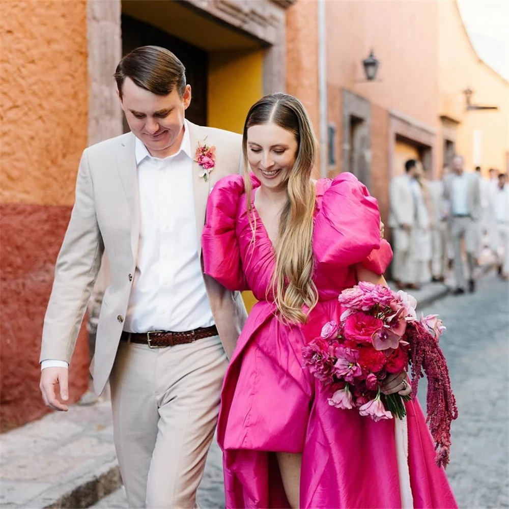 Impresionante Vestido De Novia De tafetán con mangas abullonadas, Alto y Bajo cuello en V, color fucsia, n. ° 20103