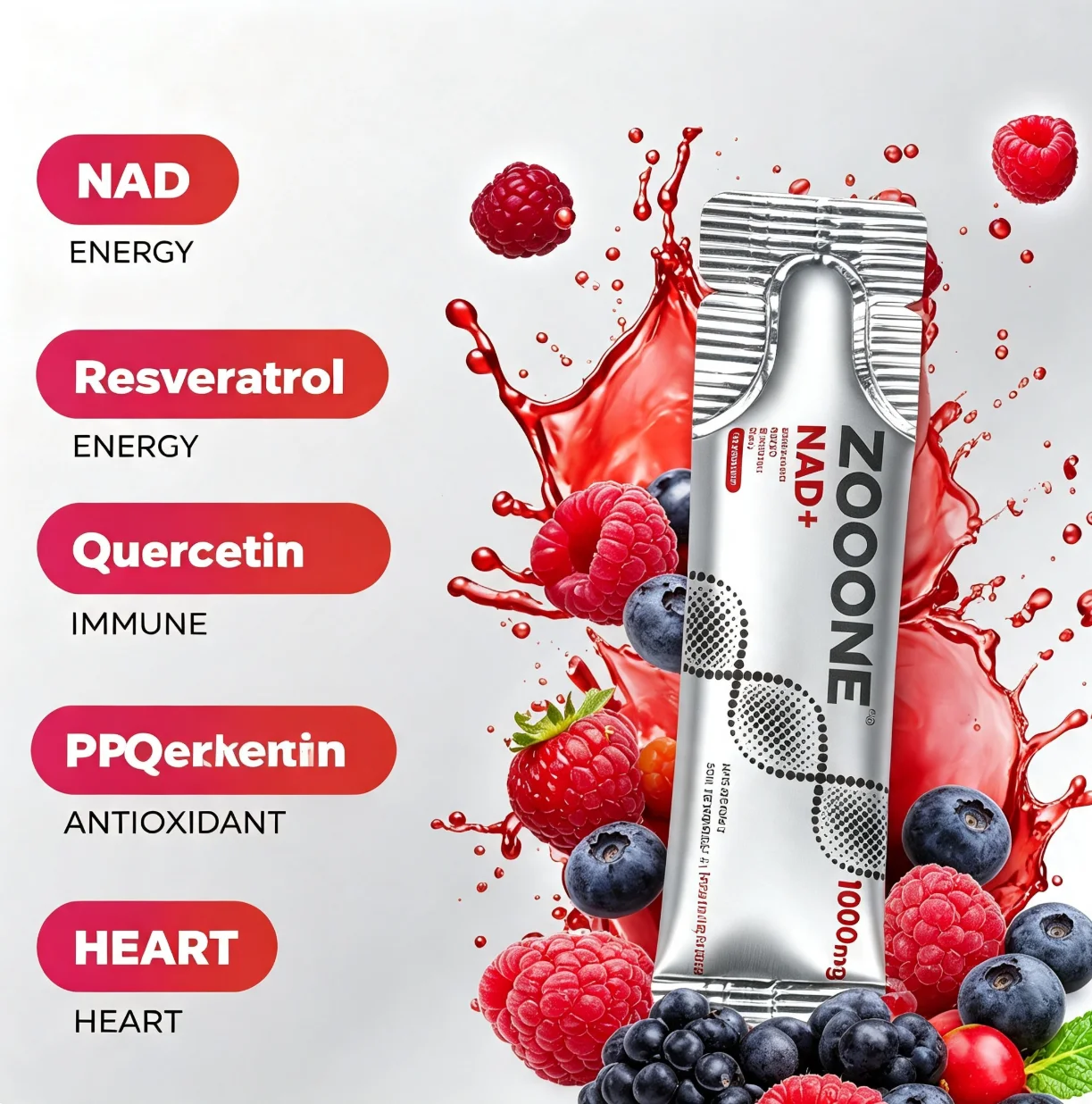 ZOOONE 1000mg NAD+ Supplement Berry Flavor Drink Mix 30 Pack Skin Aging Support Energy Boost Focus Enhancement