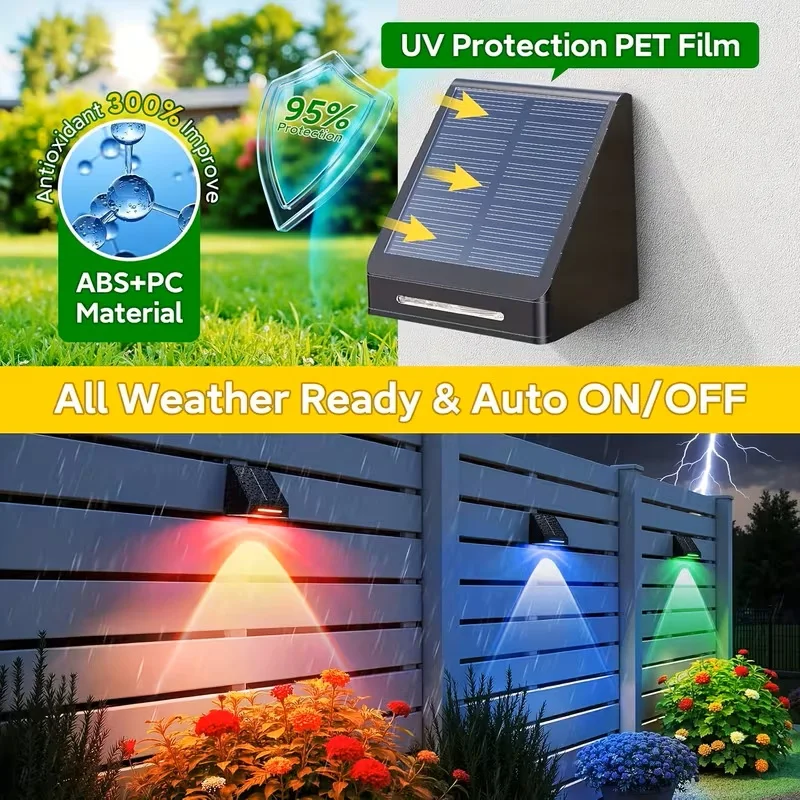 Solar Fence Lights Outdoor, Solar Powered Deck Light - 10 Lighting Modes with RGB - Waterproof IP65 - Led Lens Wall Decor for Garden Patio Backyard Porch