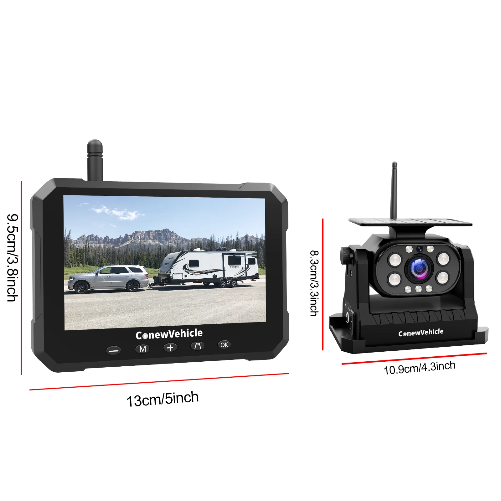 1080P Solar Wireless RV Backup Camera, 9600mAh with Night Vision, Comes with 5-Inch HD Monitor, Suitable for Various Vehicles