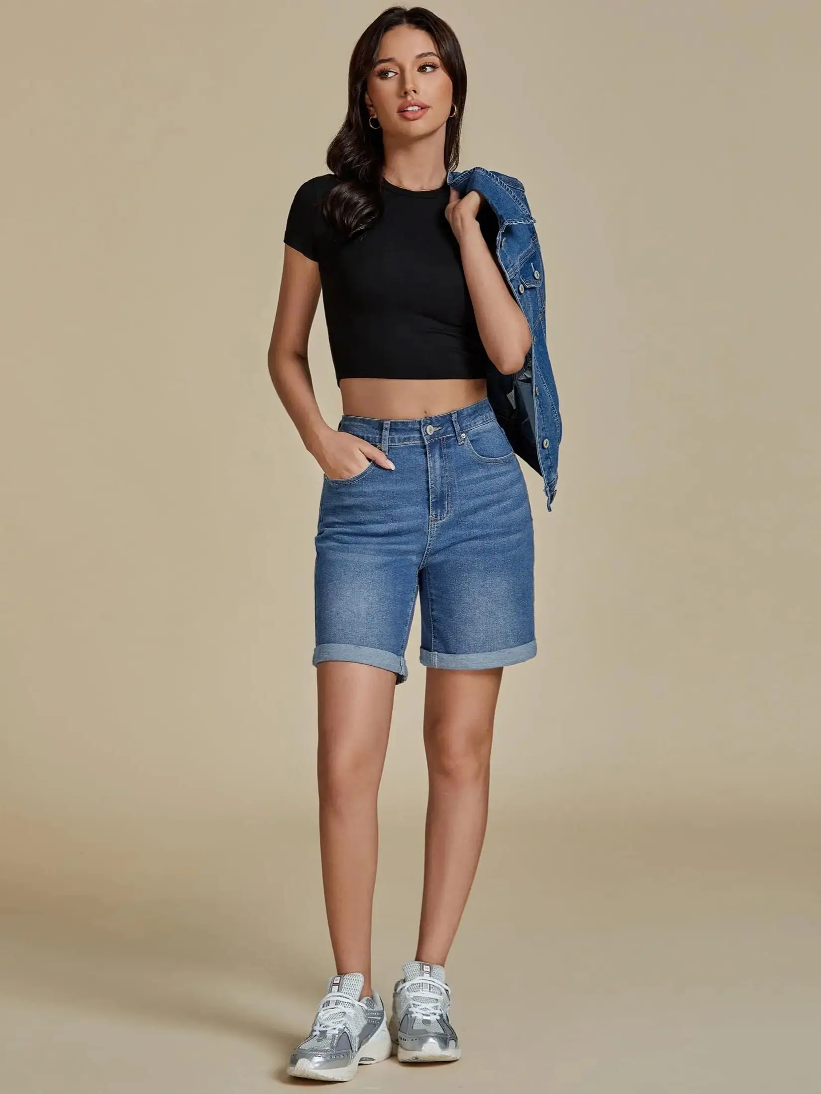 

Женские рваные джинсовые шорты с высокой талией для женщин, эластичные узкие джинсы до колена, шорты, повседневная женская одежда