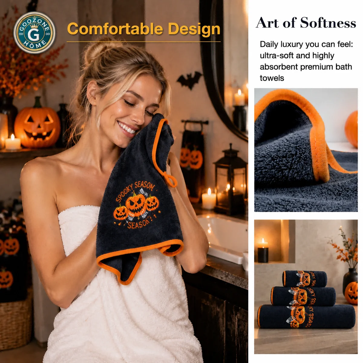 3-Piece Halloween Coral Fleece Towel Set, soft absorbent quick-dry bath towel, face towel & washcloth with spooky ghost patterns. Great holiday bathroom decor, ideal Halloween gift for family and friends.