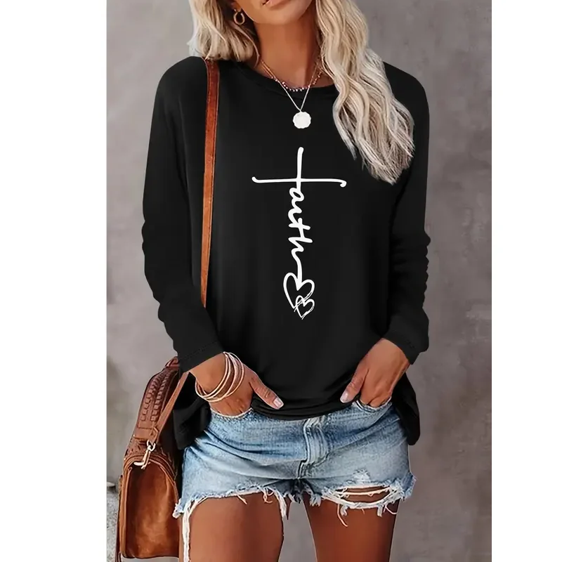 Women's Letter & Heart Print Round Neck Tee Casual Long Sleeve Crew Neck T-shirt for Fall Fashion Women's Top for Daily Wear