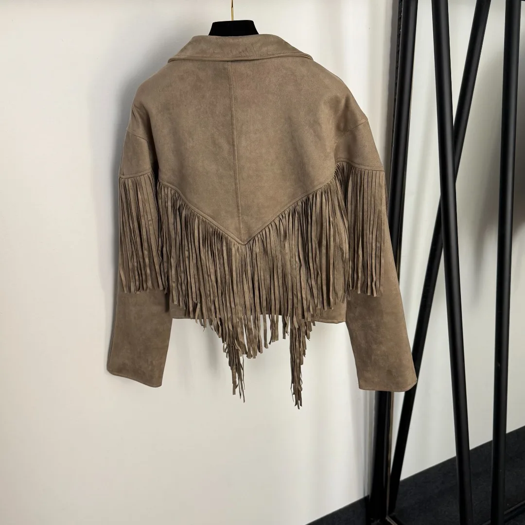

2025 Early Autumn Women's Clothing CLOTHING Tassel Splicing Suit Collar Long Sleeve Deerskin Coat Women's Coat