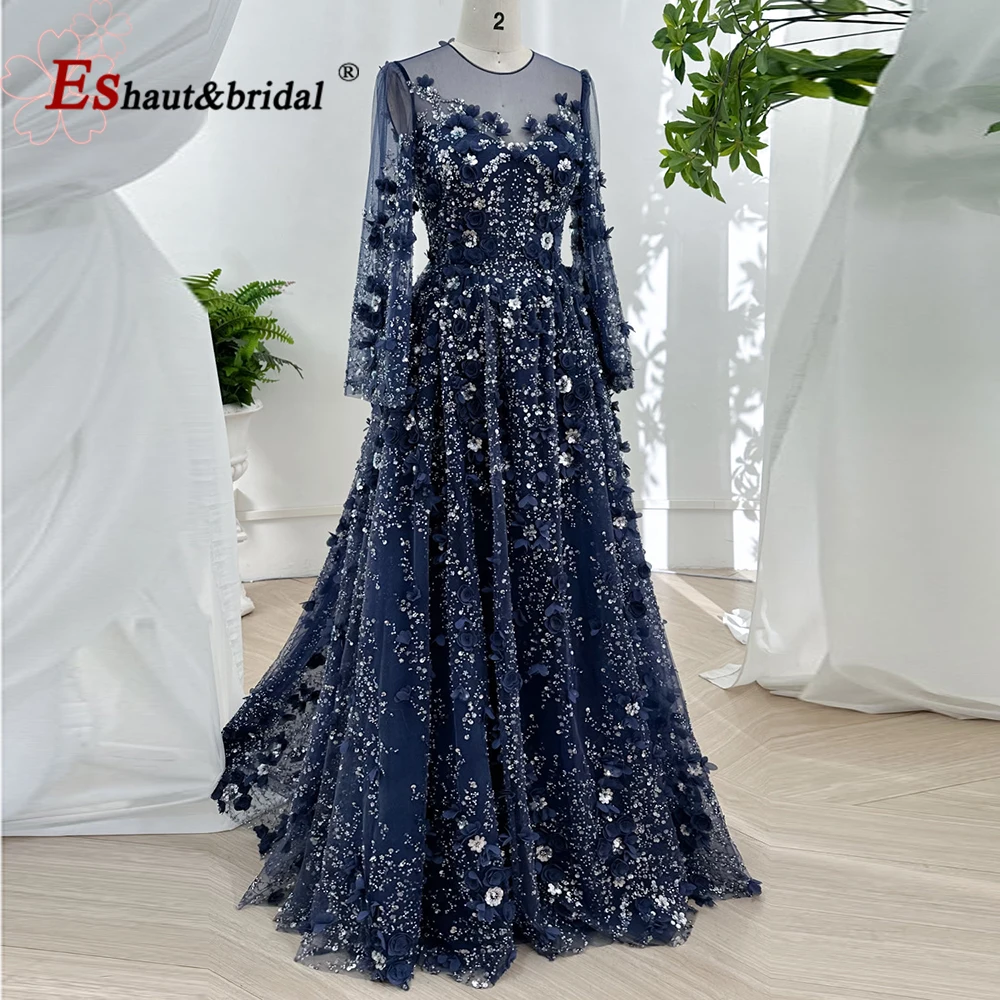 

Elegant Navy A-Line Evening Dress with 3D Flowers 2025 Luxury Long Sleeves Formal Prom Wedding Party Gown for Women Customized