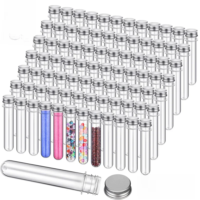 20 szt. Przezroczystych probówek o pojemności 40 ml z zakrętkami, 140 x 23 mm, plastikowe tubki do przechowywania, idealne na gumy, rośliny, przyprawy, cukierki, do eksperymentów naukowych. — zdjęcie produktu 7