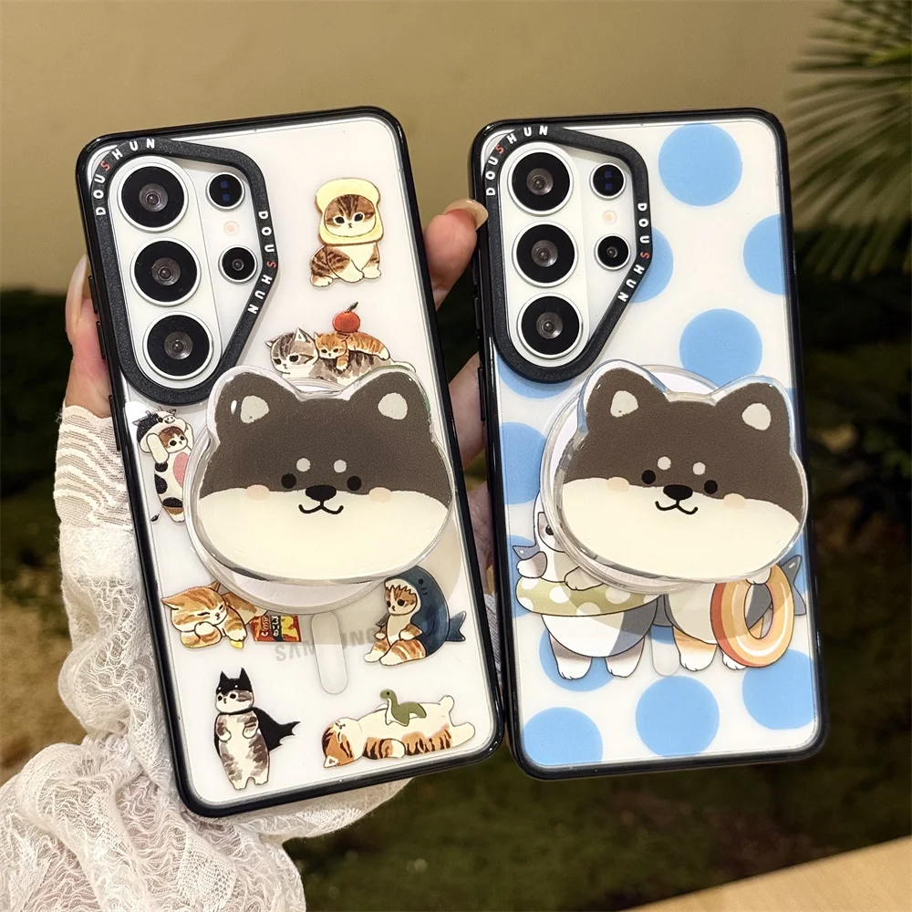 Cute Shark Cat Cartoon Magnetic phone case Samsung S24 S25 S26 Ultra S25 plus S24 Ultra Case With Hand Strap Shockproof Cover