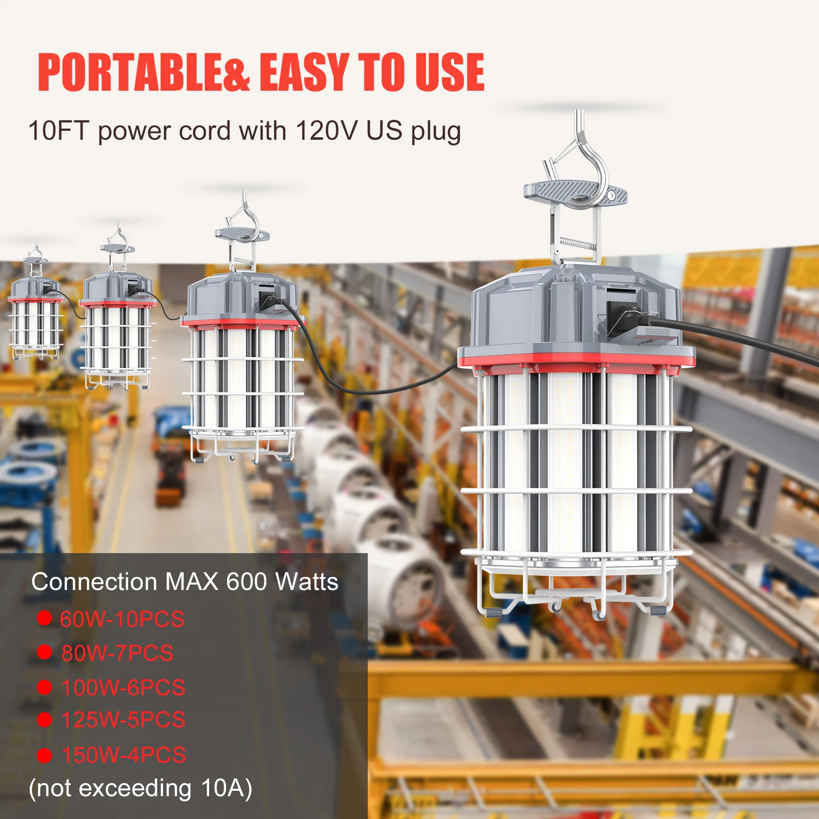 125W Outdoor Construction Lighting 5 Years Warranty AC100-277V Jobsite Tunnel Hanging Linkable LED Temporary Work Light