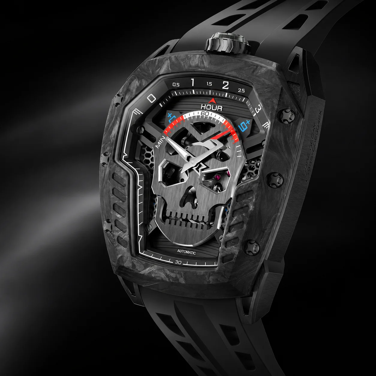TSAR BOMBA Men's Automatic Skeleton Watch, Skull Dial Day of the Dead, Stainless Steel Case, Carbon Fiber Bezel, Sapphire, 50M