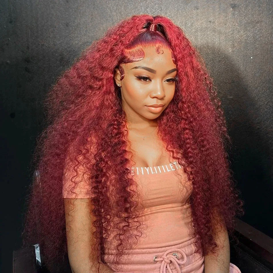 

280% Density Red Color 99J Burgundy Hd Transparent Curly Wig 13X4 13X6 Lace Frontal Human Hair Wigs Deep Wave for Black Women