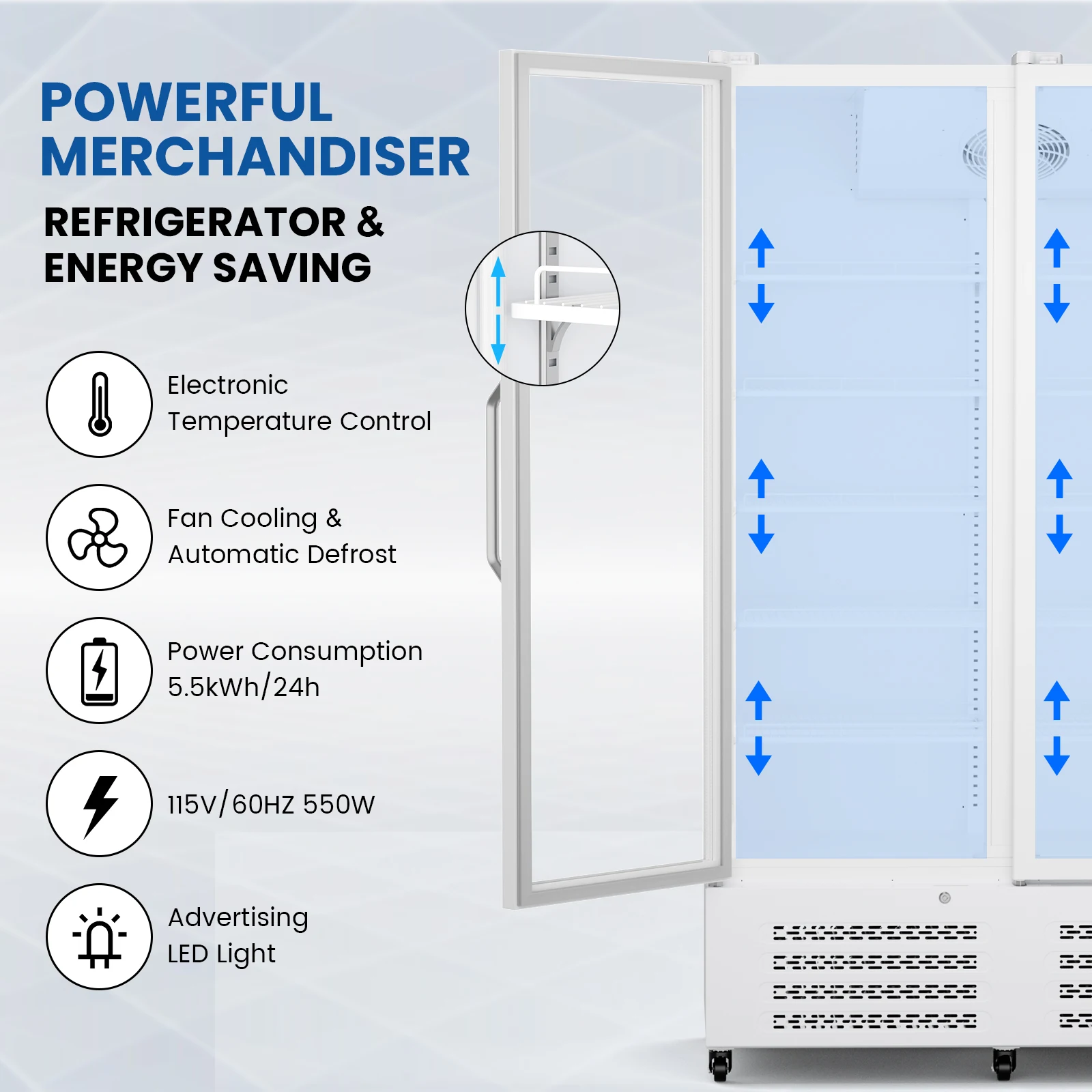 56 Cu. Ft. Commercial Beverage Refrigerator, Triple Glass Door Display Cooler with 15 adjustable shelves, Door Lock, For Shop Restaurant bar, Upright Merchandiser, Durable Steel, Digital Temperature Control, Digital Temperature Control