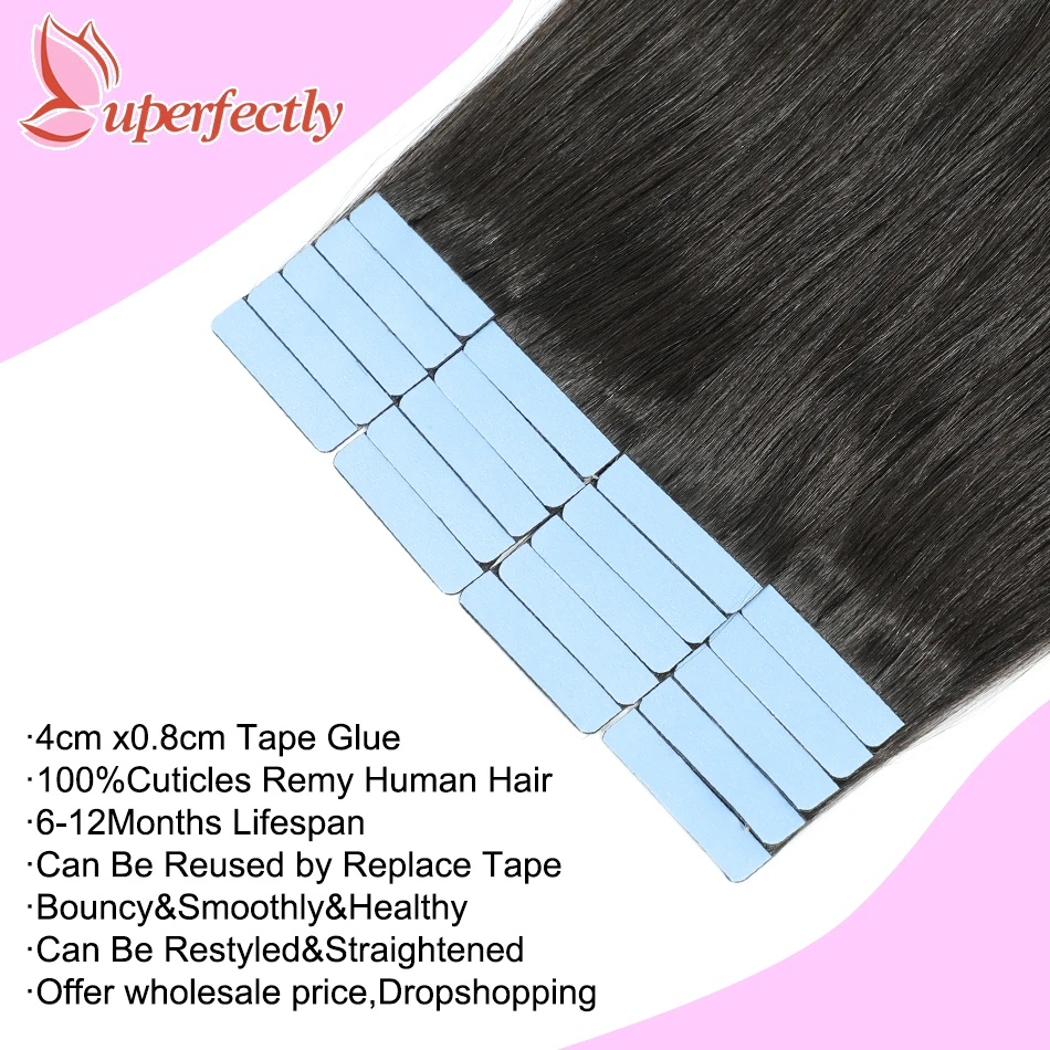 Uperfectly Straight Tape In Human Hair Extension Seamless Skin Weft 12"-26" Tape In Hair Extension Full End 2.5g/pc