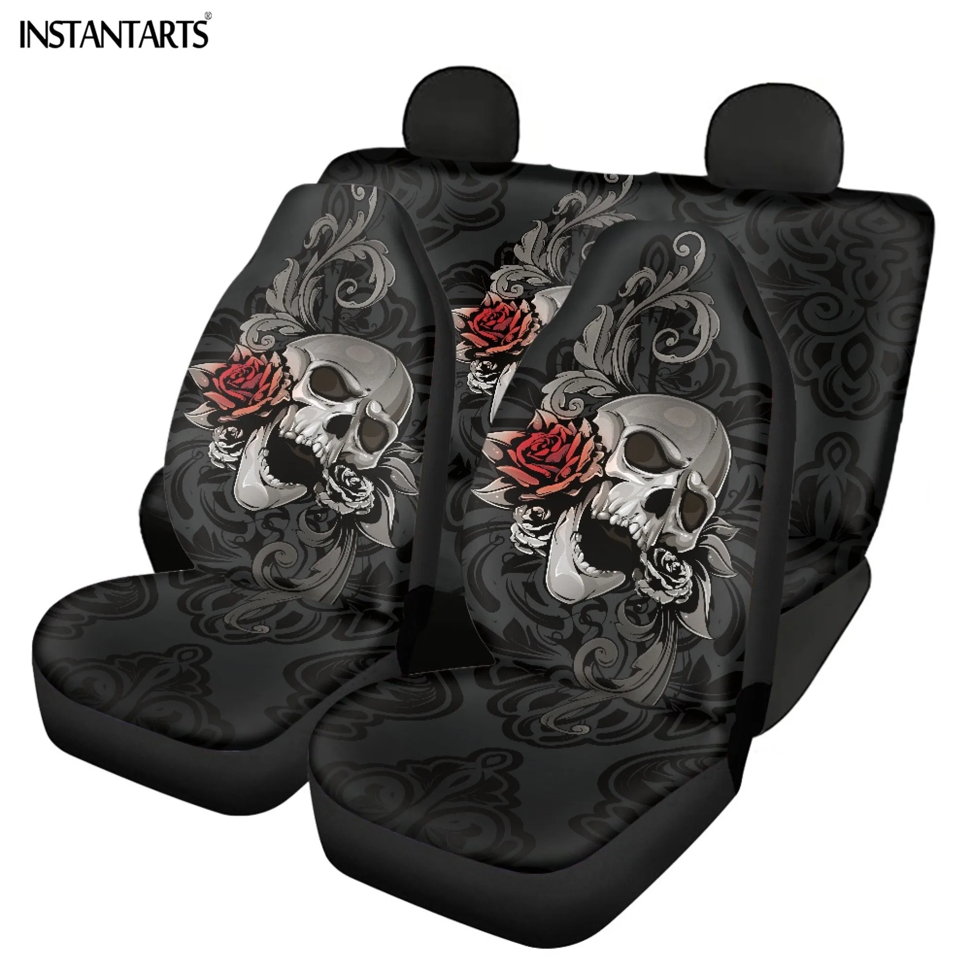 INSTANTARTS Vehicle Decorative Seat Cover Set Gothic Rose Skull Design Cool Personality Breathable Stain-proof Car Black Cushion