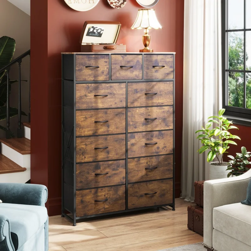 

GALAXHERO Tall Dresser 13 Drawers Fabric Storage Organizer Chest Bedroom Closet Sturdy Steel Frame Wood Top Rustic Wood Grain