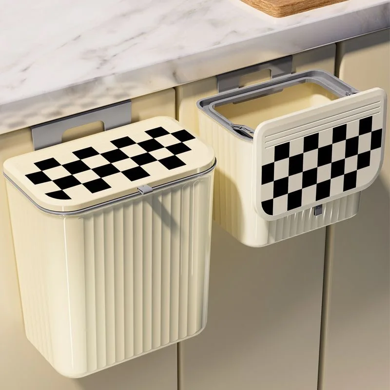 Kitchen Trash Can Wall Mount Hanging Trash Bin Cabinet Door Bathroom Trash Can With Lid Garbage Bin Counter Wastebasket Dustbin