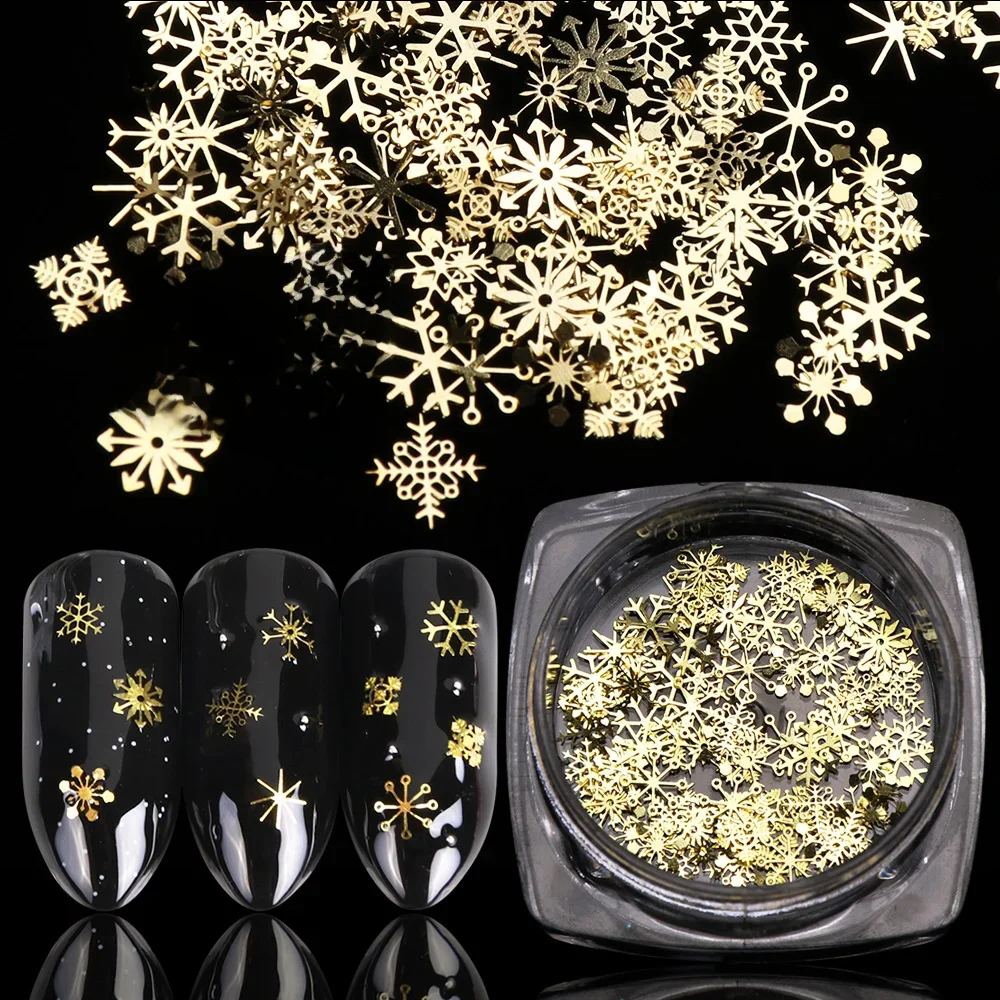 80-90 pièces/pot évider or ongles paillettes paillettes flocons de neige 8/10mm mélangé métal flocons de neige 2023 bricolage flocon de neige manucure décor