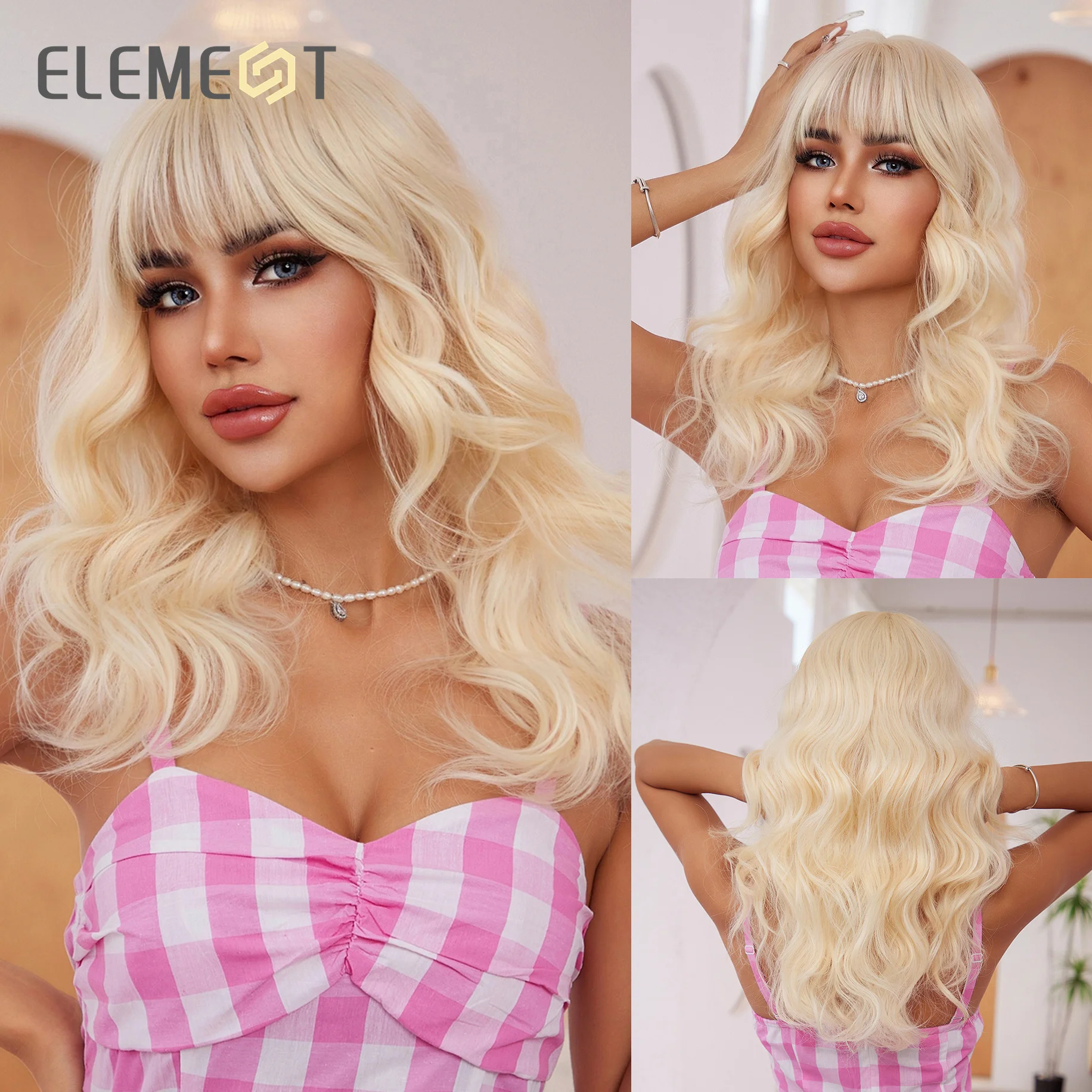 ELEMENT Cute Barbie Wigs Golden Blonde Loose Curly Hair synthetic Bob Wig with Bangs Lolita Cosplay Party Daily Wigs for Women