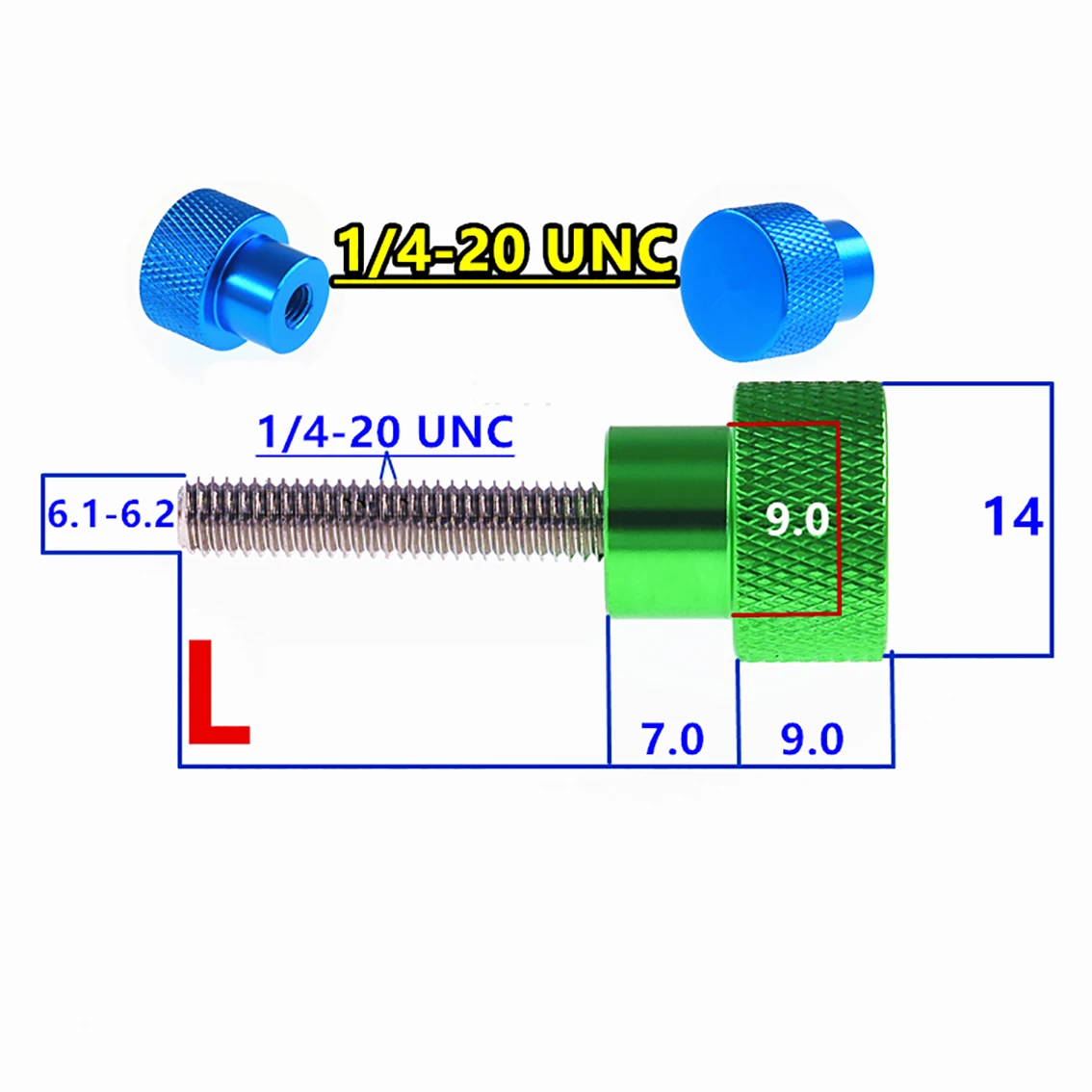 アルミニウム合金とステンレス鋼のつまみネジ、刻み付きハンドグリップノブ、カラフルなステップボルト、unc 1/4-20、14mm、1個