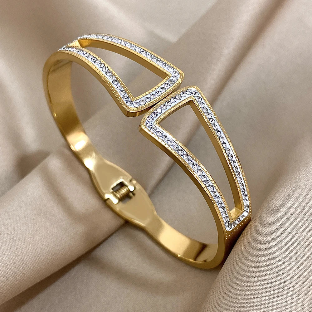 

Freetry Stainless Steel Zircon Bangle Bracelet for Women Elegan Irregular Hollow Geometric Wide Open Bangle Waterproof Jewelry
