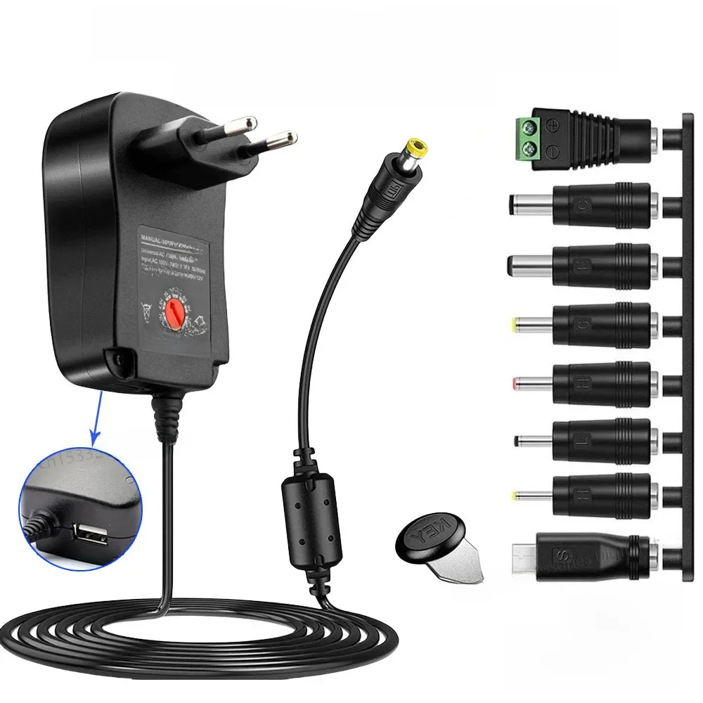 Adapter EU/US 30W z regulowanym napięciem 3V 4.5V 5V 6V 7.5V 9V 12V, uniwersalna ładowarka USB z 8 końcówkami, konwerter zasilania. — zdjęcie produktu 7