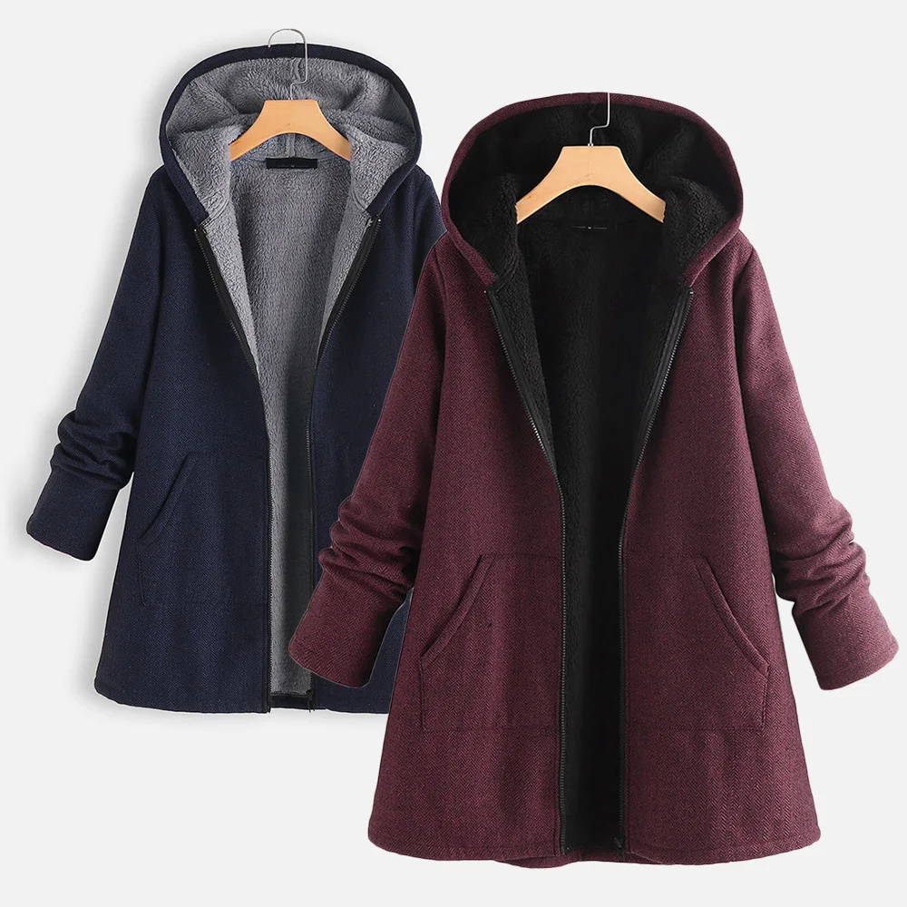 Autumn Winter Ladies Solid Hooded Jacket Coat Loose Casual Female Women Warm Thick Long Sleeve Trench Coat Hoodies Overcoat