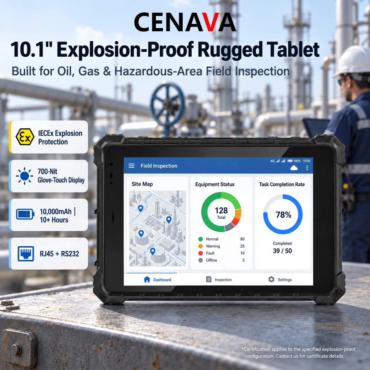 CENAVA A10ST 4G Rugged Android Tablet 10.1 Inch Waterproof IP68 10000mAh Battery NFC Rugged Industrial 16 Tablet RJ45 RS232