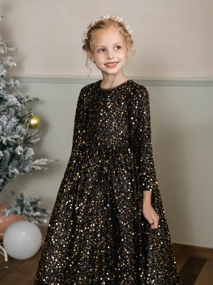 Crew Neck Velvet Sequins Flower Girl Dresses Long Sleeves For Wedding and Birthday Party Dress