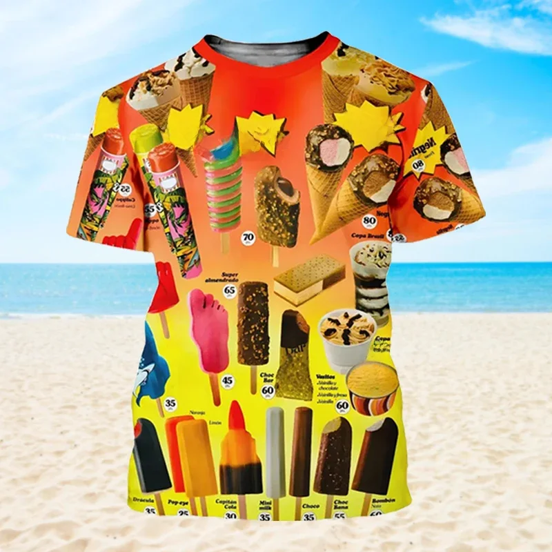 T-shirt à col rond coloré pour hommes, impression 3D, motif de crème glacée, t-shirts drôles, mode de rue, t-shirts d'été