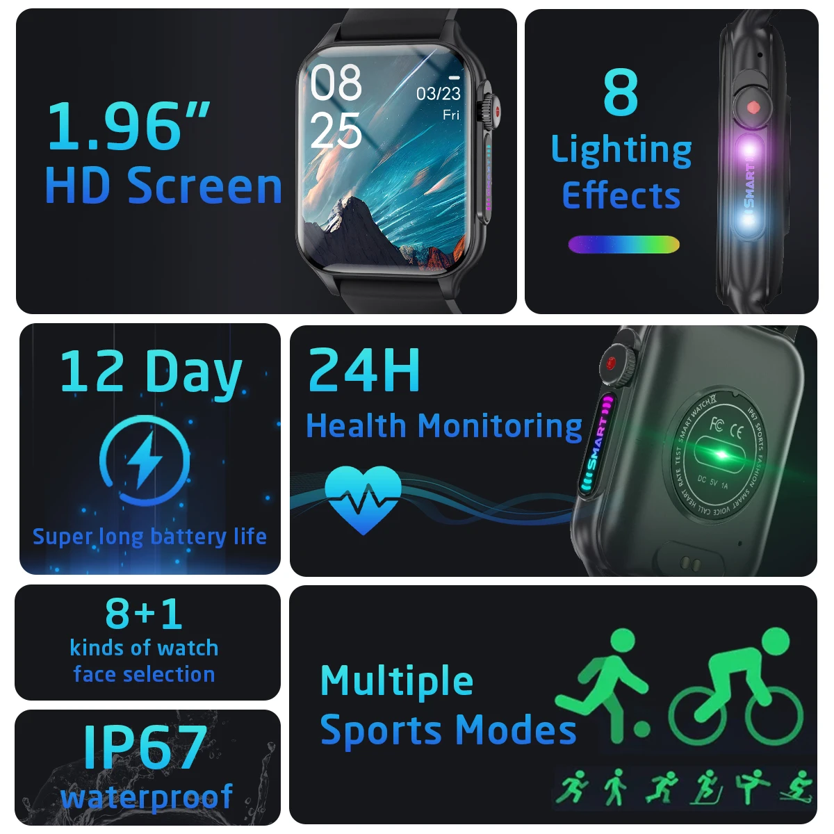 2025 nuevo reloj inteligente para hombres IP67 deportes al aire libre deslumbrante Color luz de respiración Monitor de salud 1,96 "BT llamada reloj inteligente P6