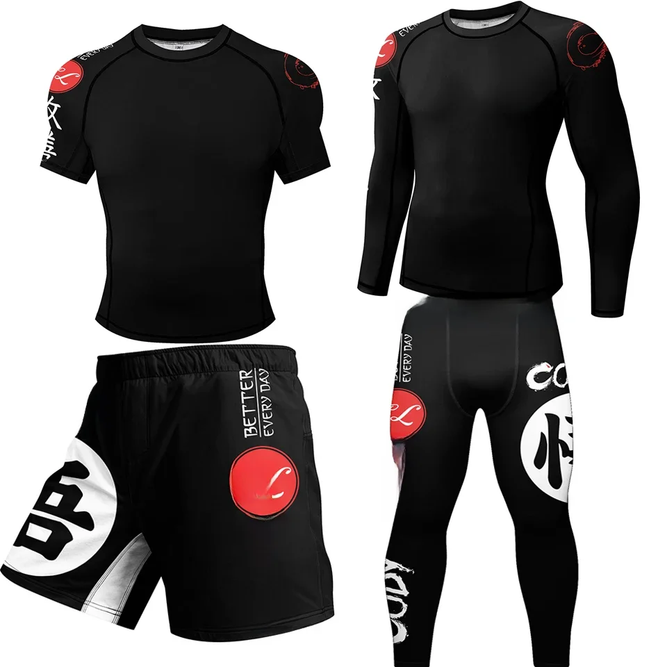 Nowy Rashguard Jiu Jitsu dla mężczyzn koszulka MMA + spodnie 4 sztuk/zestaw brazylijski Grappling Bjj boks sport odzież kompresyjna spodenki MMA — zdjęcie 2