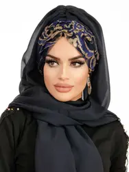 Sequined Shawl for Evening Dress Scarf Bucket Hat, Winter Muslim Fashion Stylish Woman Clothing Hijab Scarf Turban Bonnet