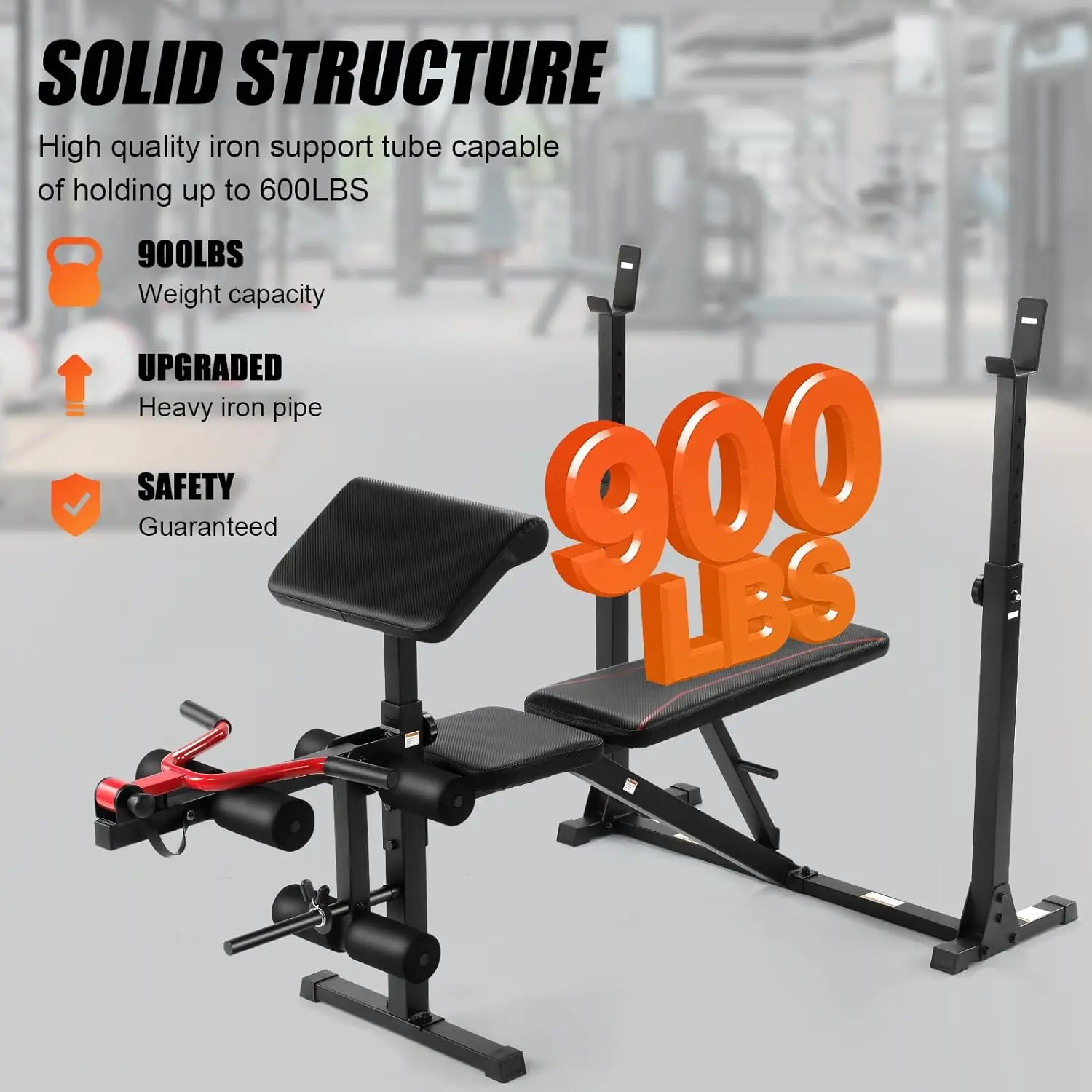 Adjustable Weight Bench Set, 900LBS Multi-functional Bench Press Set with Squat Rack & Preacher Curl Pad & Dual Function Leg Dev