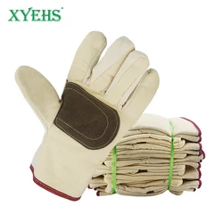 XYEHS-10 pares de guantes de trabajo de seguridad para soldadura de lona con palma de cuero de vaca, forro engrosado, resistente al desgaste y antideslizante