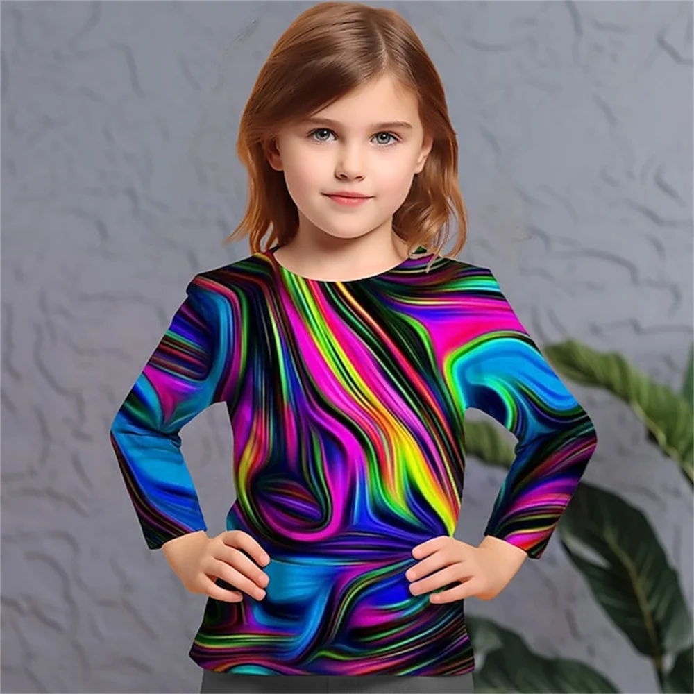 Girl Clothing Vortex Colorful Polyester Teenagers Girls Clothes Outdoor For Kids Autumn One Piece T Shirt Long Sleeve Tee Shirt